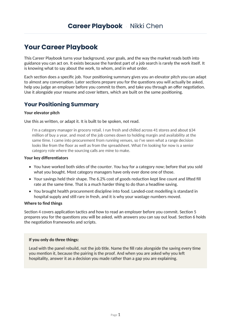 Three finished documents fanned out: a multi-page Career Playbook, a targeted cover letter and a two-page resume, all densely set in one matching house style