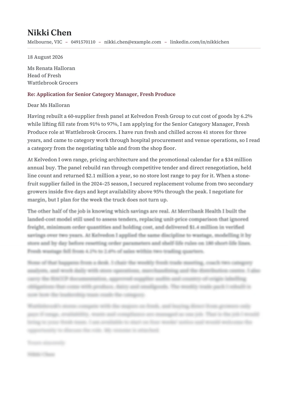 The same cover letter set in the Broadsheet style.
