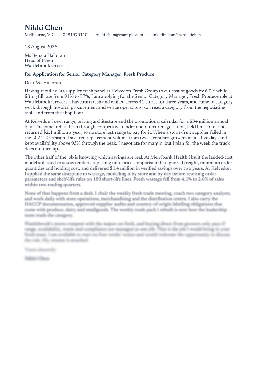 The first page of a finished cover letter, written for one role.