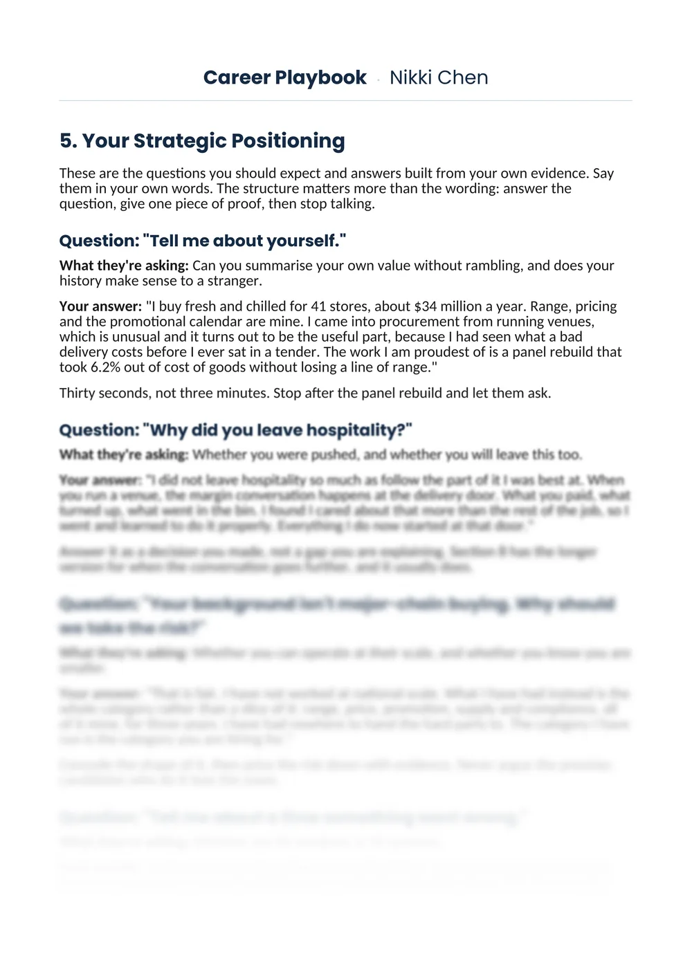 A Career Playbook page opening on the interview questions section.