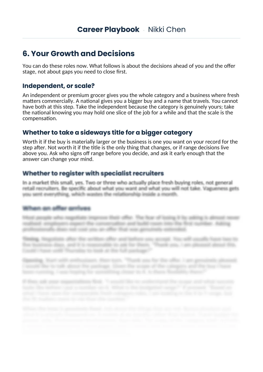 A Career Playbook page opening on the growth, decisions and offer section.
