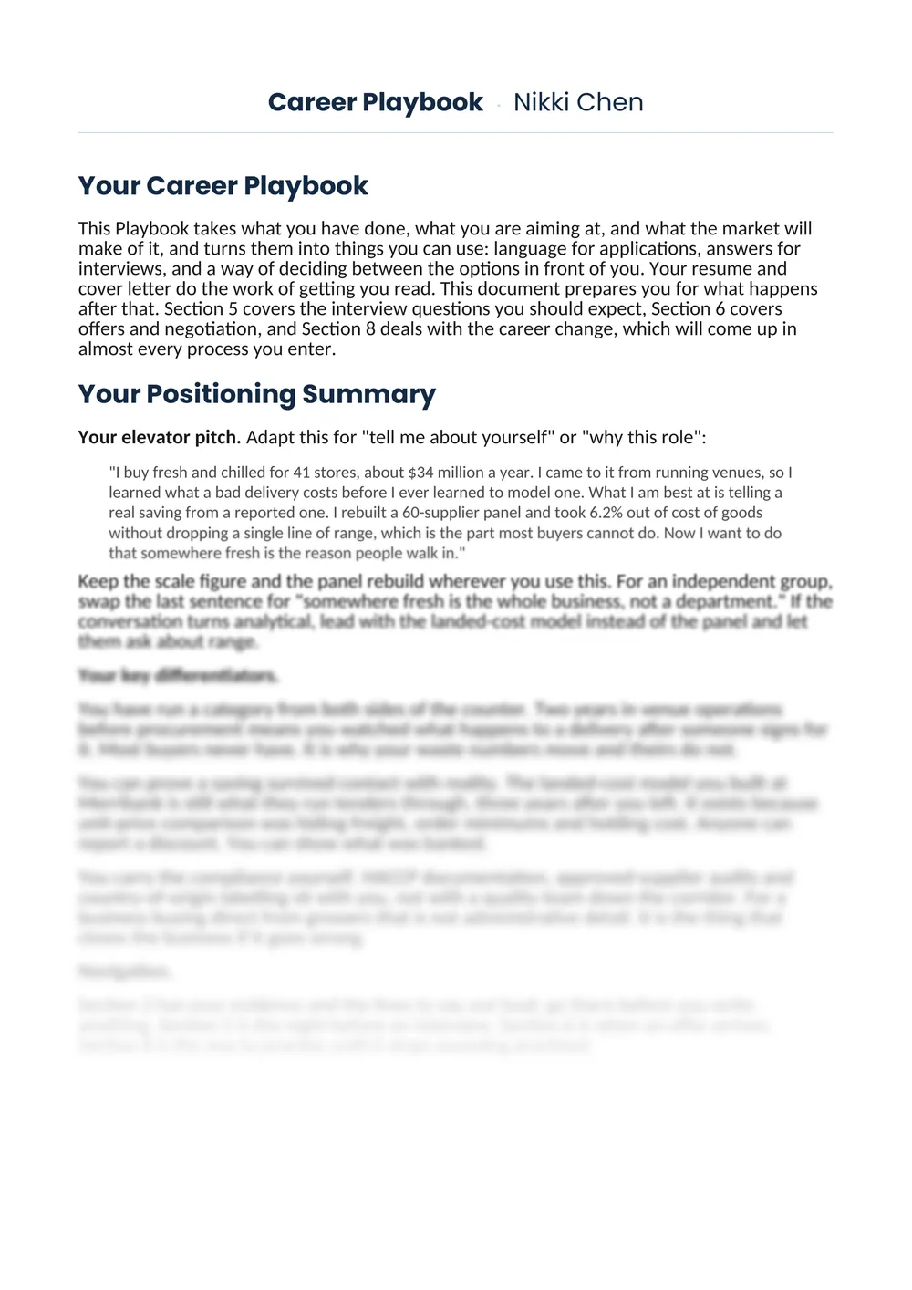 A page from a finished Career Playbook: positioning summary and elevator pitch.