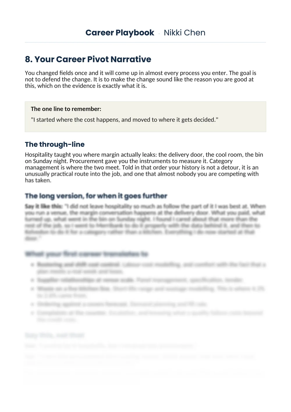 A Career Playbook page opening on the career pivot narrative section.