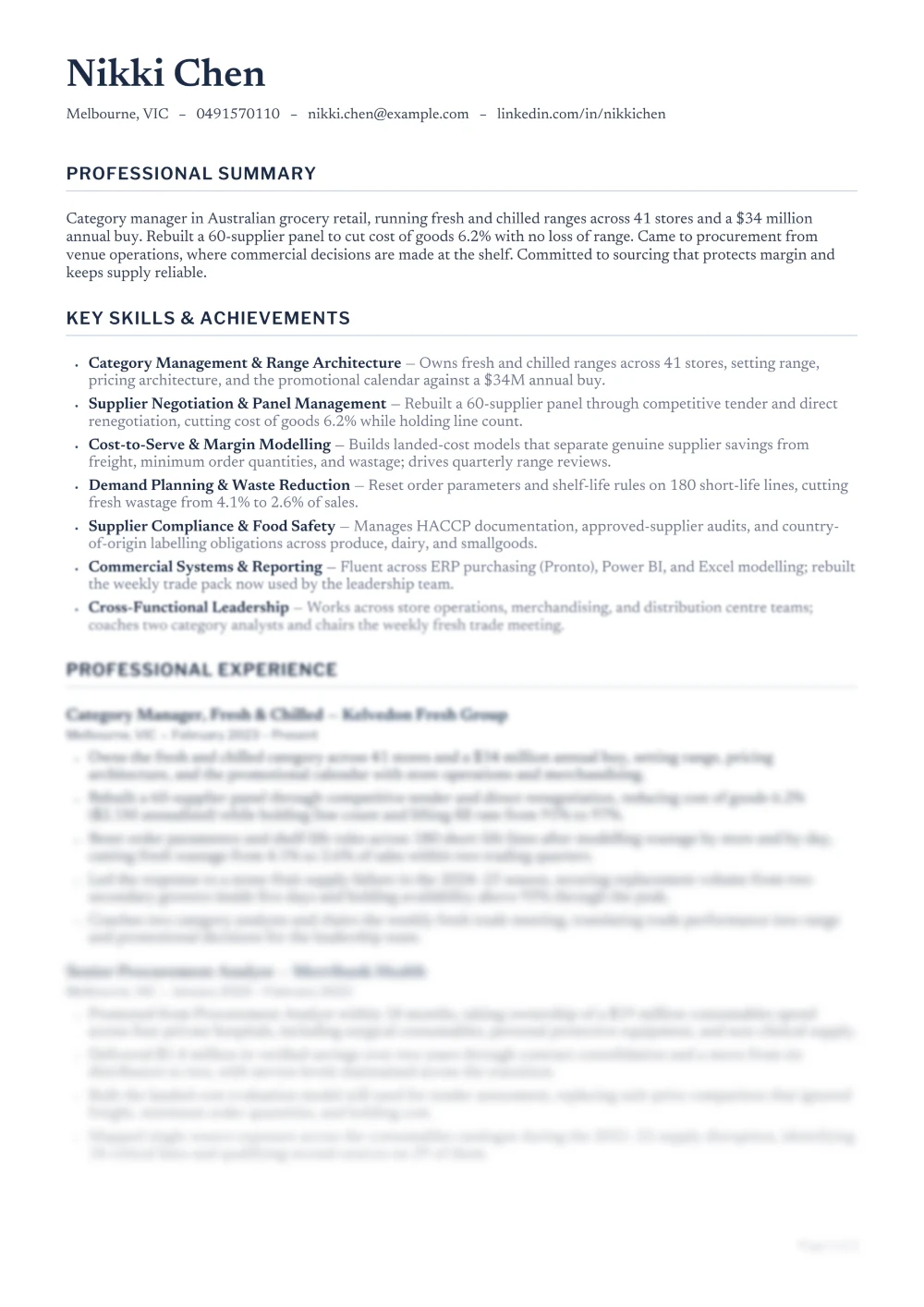 The first page of a finished resume: professional summary, key skills and quantified experience.